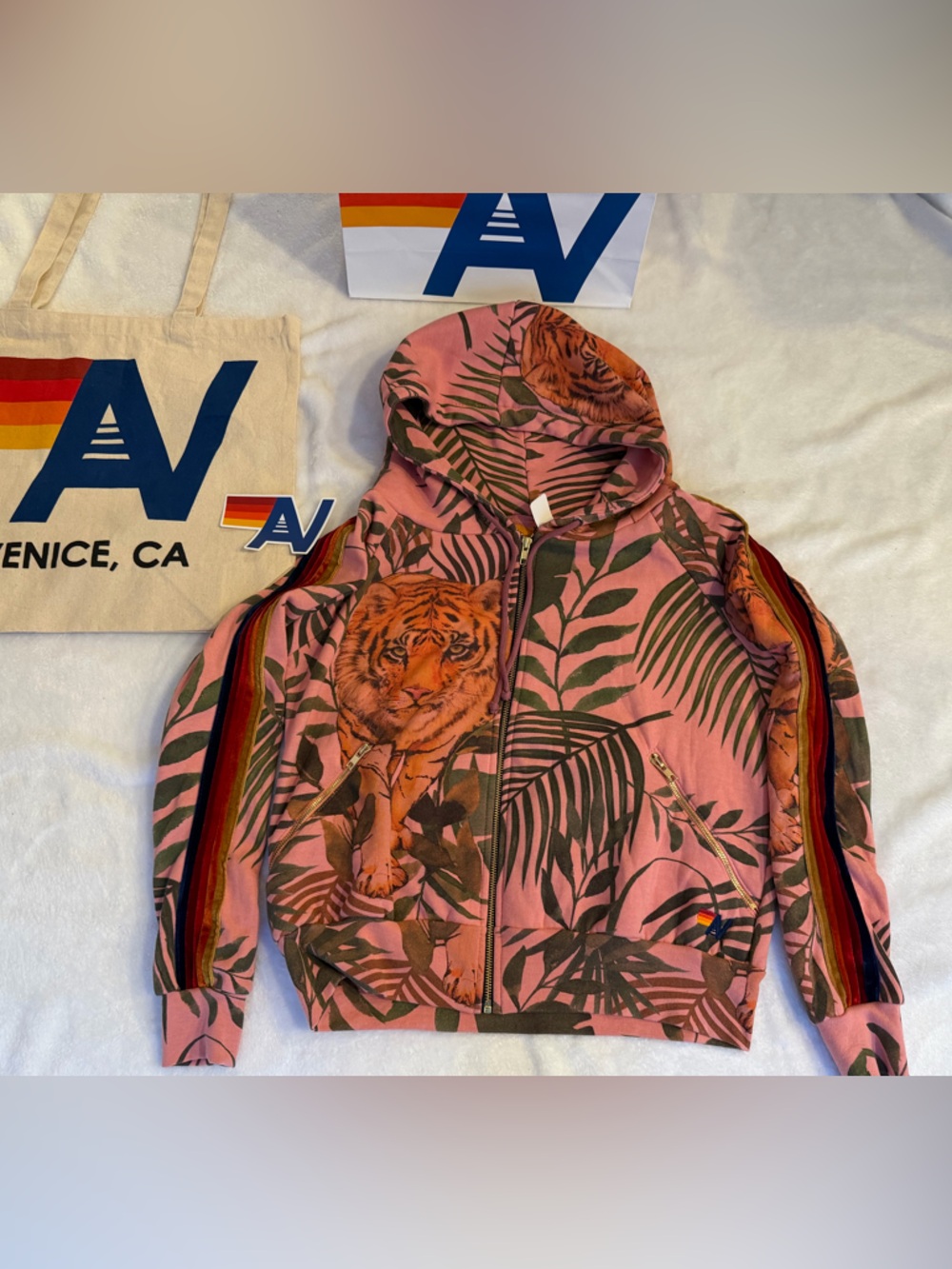 - - NWT Aviator Nation JUNGLE  TIGER Print Zip Hoodie Extra Small RARE + Tote